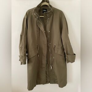 Zara Cotton Trench Coat Hooded Parka Small Olive Green